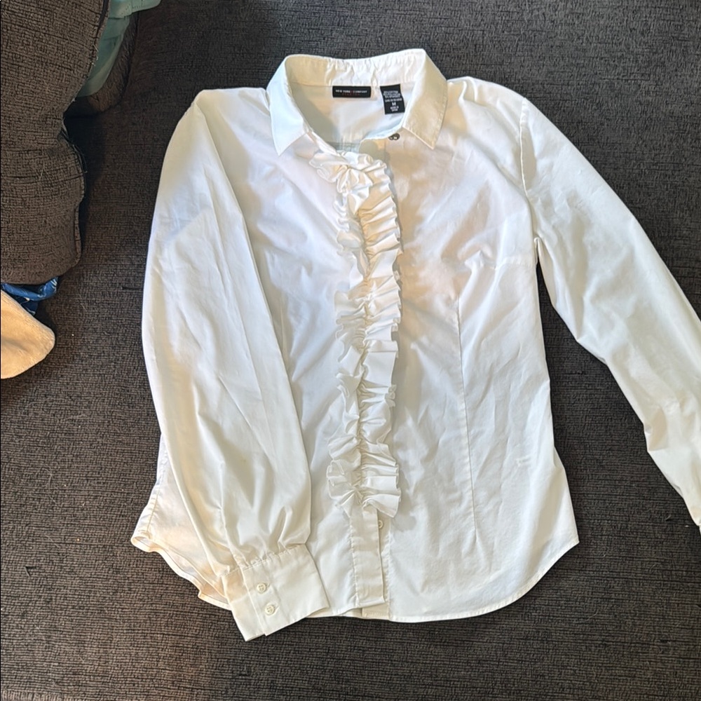 New York & Company White Ruffled Blouse